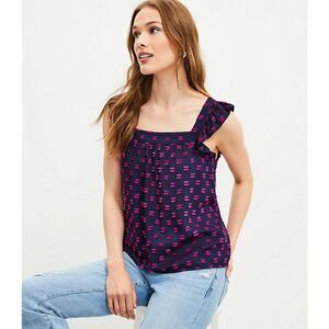 Loft Click Ruffle Square Neck Blouse Tank Top Navy Pink Small‎ NWT